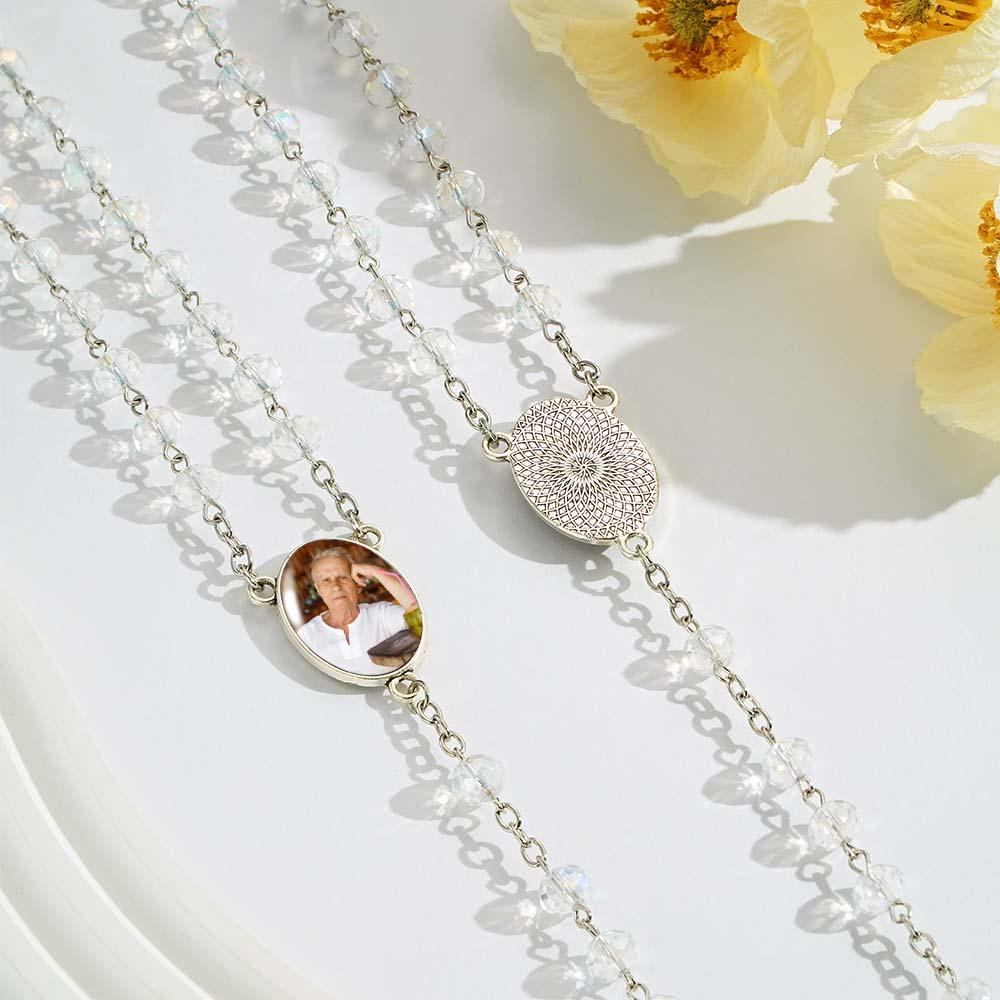 Custom Rosary Beads Cross Necklace Personalized White Color Plated Crystal Beads Necklace with Photo