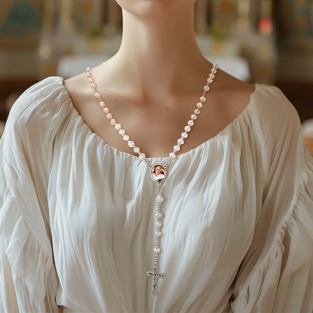 Custom Rosary Beads Cross Necklace Personalized White Color Plated Crystal Beads Necklace with Photo