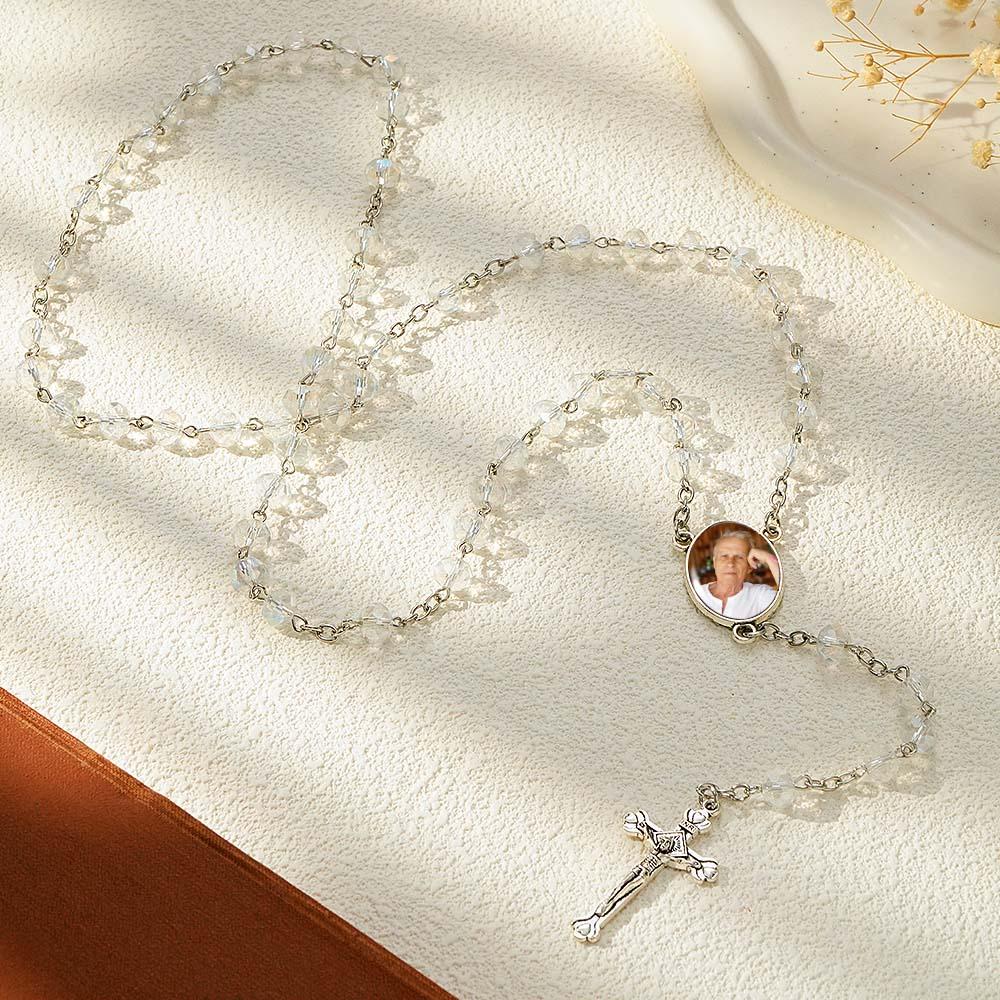 Custom Rosary Beads Cross Necklace Personalized White Color Plated Crystal Beads Necklace with Photo