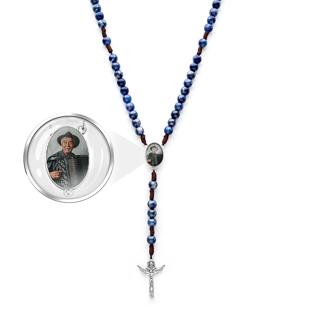 Custom Rosary Beads Cross Necklace Personalized Imitation Agate Beads Hand Woven Necklace with Photo