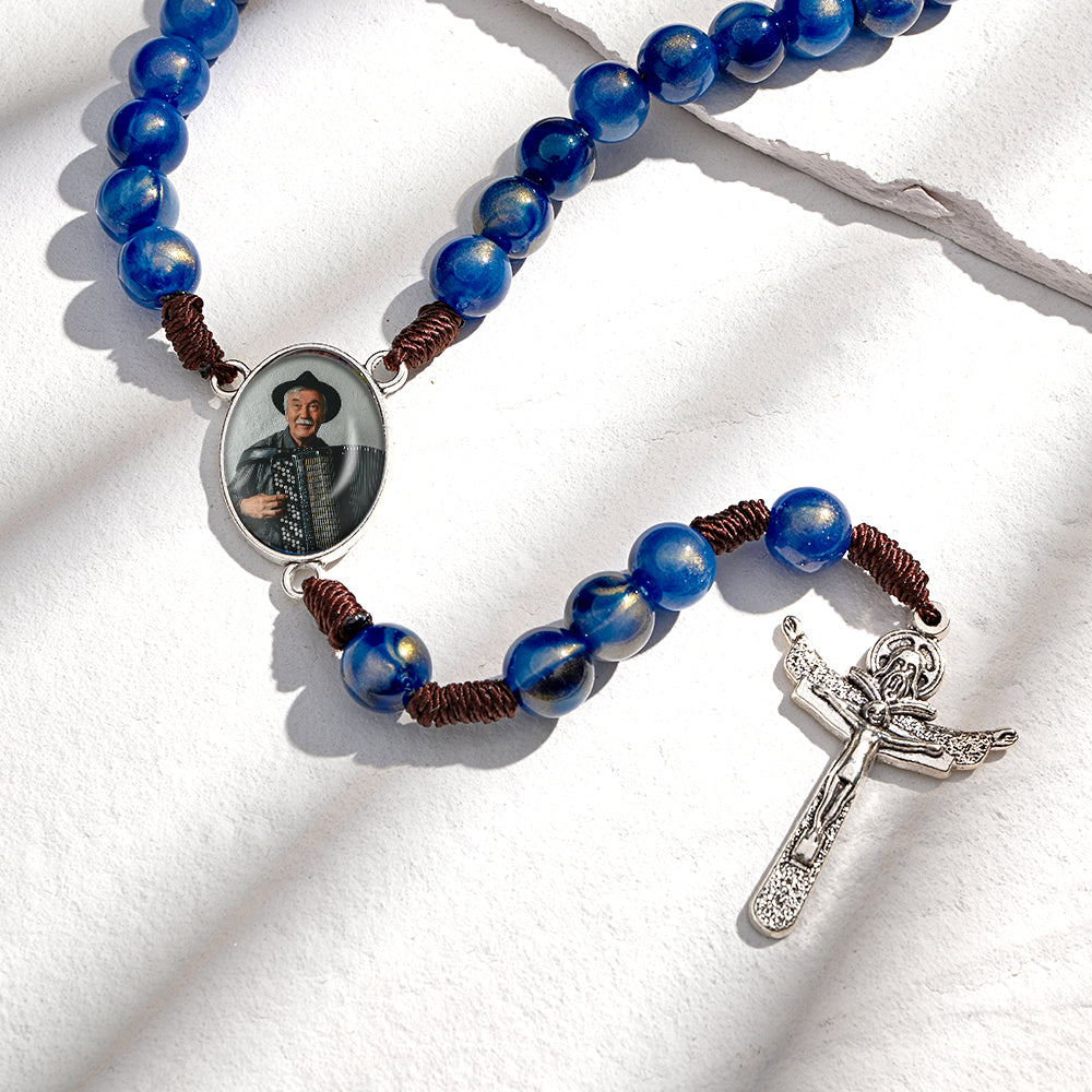 Custom Rosary Beads Cross Necklace Personalized Imitation Agate Beads Hand Woven Necklace with Photo