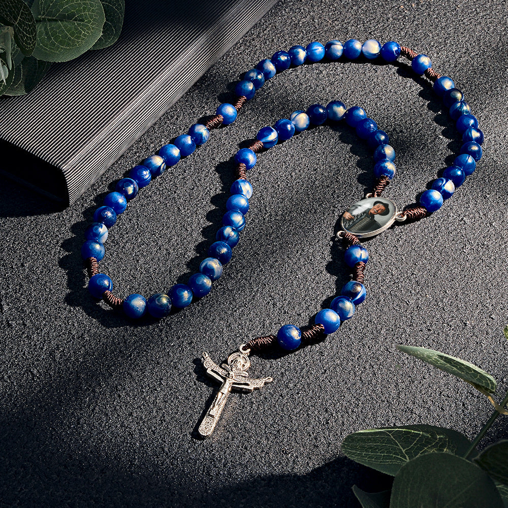 Custom Rosary Beads Cross Necklace Personalized Imitation Agate Beads Hand Woven Necklace with Photo