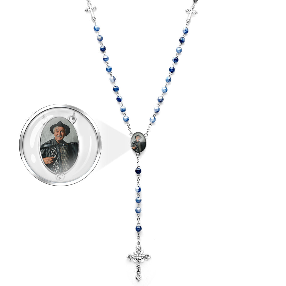 Custom Rosary Beads Cross Necklace Personalized Blue Acrylic Beads Necklace with Photo