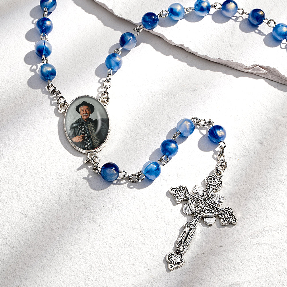 Custom Rosary Beads Cross Necklace Personalized Blue Acrylic Beads Necklace with Photo