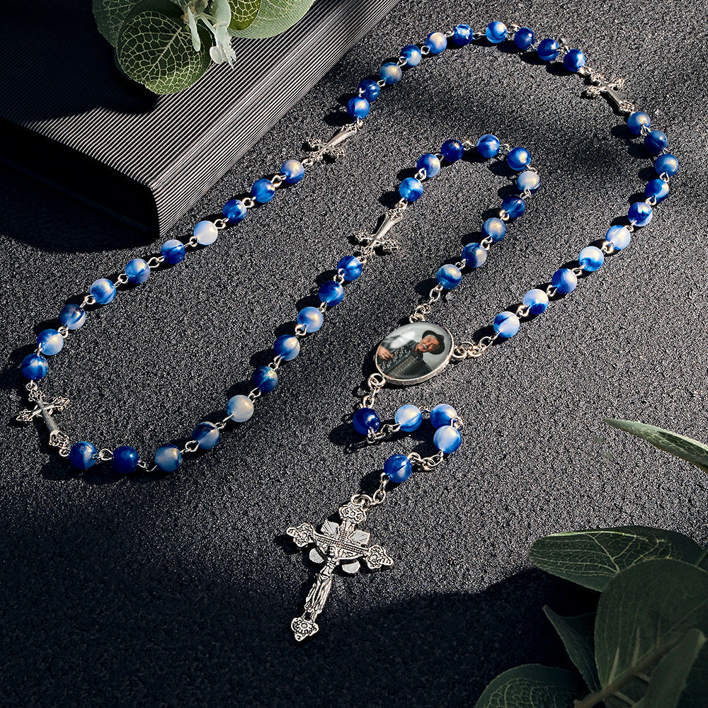 Custom Rosary Beads Cross Necklace Personalized Blue Acrylic Beads Necklace with Photo