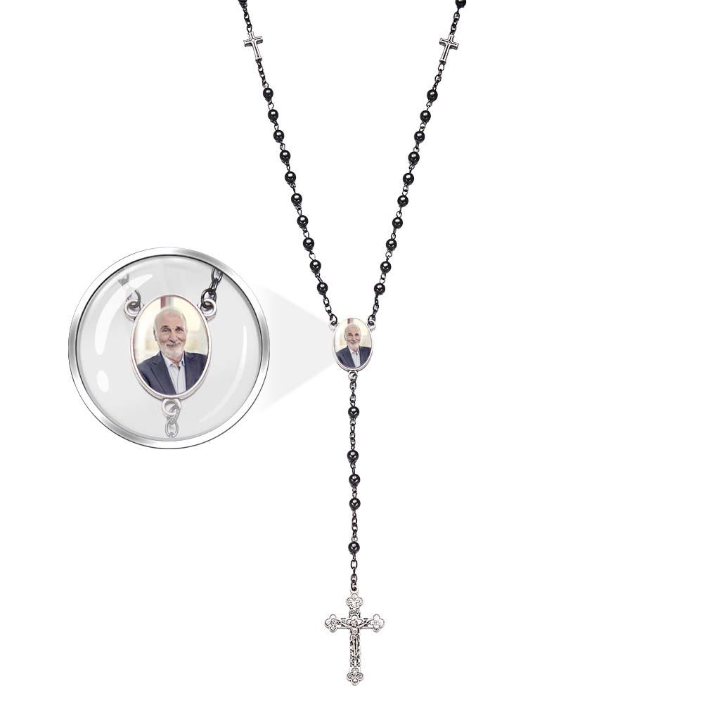 Custom Rosary Beads Cross Necklace Personalized Black Gallstone Cross Necklace with Photo