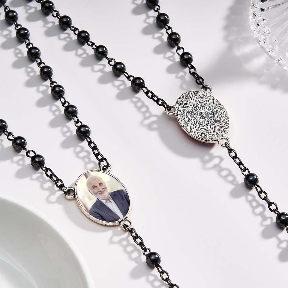 Custom Rosary Beads Cross Necklace Personalized Black Gallstone Cross Necklace with Photo