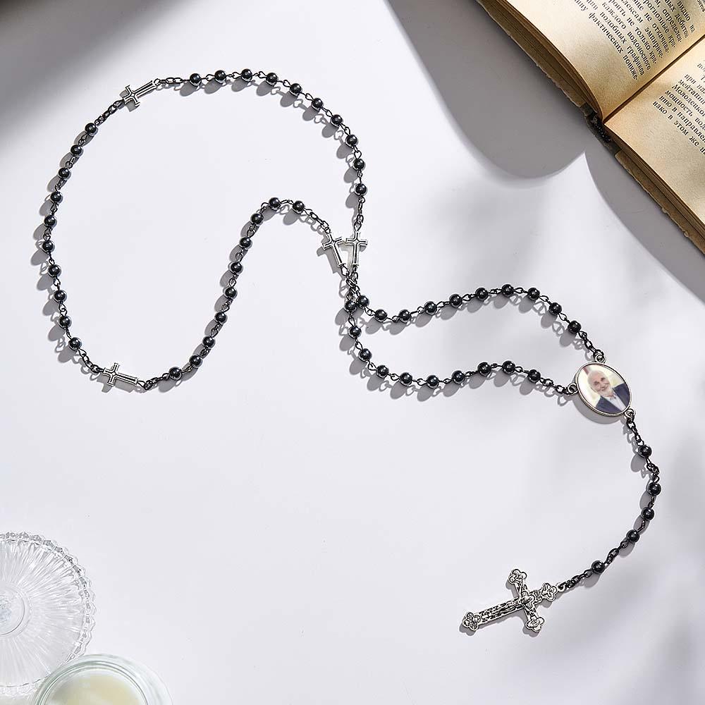Custom Rosary Beads Cross Necklace Personalized Black Gallstone Cross Necklace with Photo
