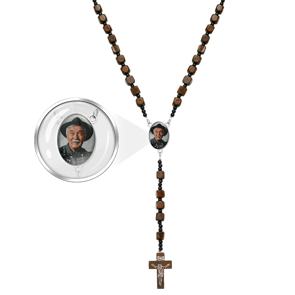 Custom Rosary Beads Cross Necklace Personalized Square Wooden Beads Necklace with Photo