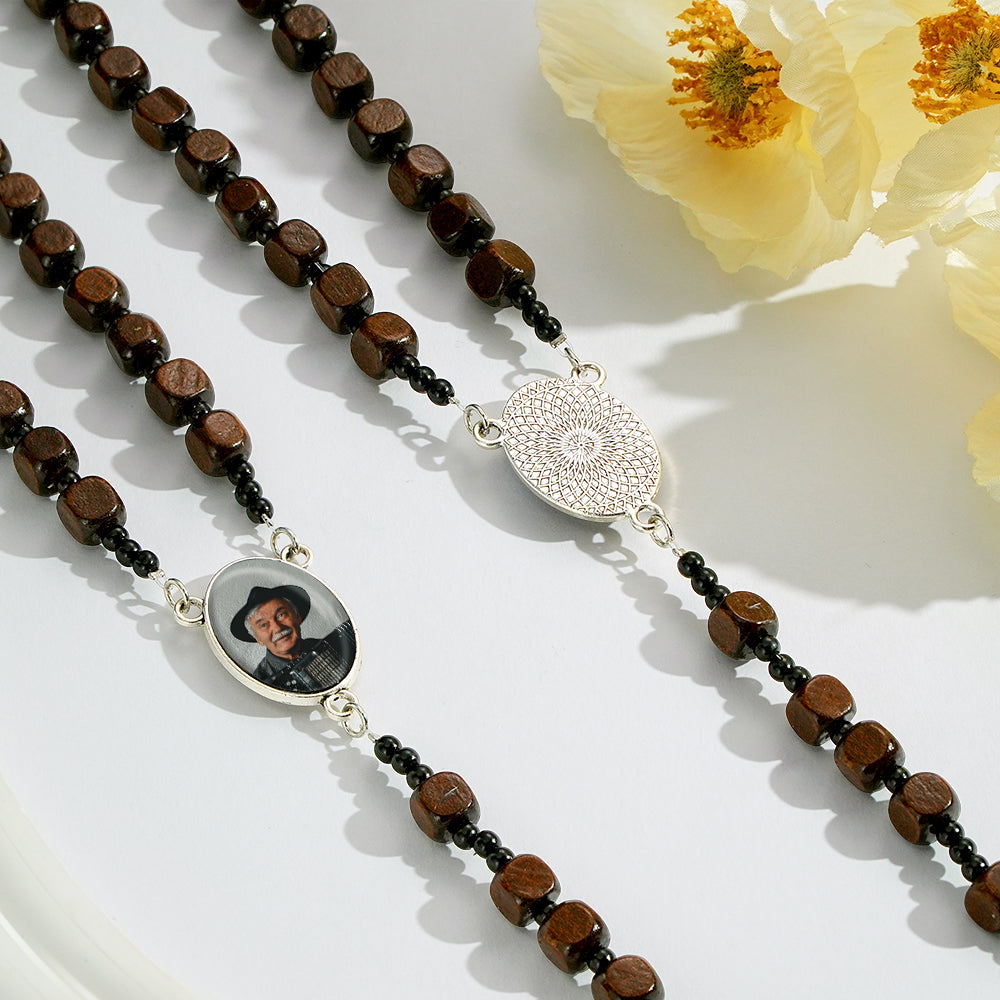 Custom Rosary Beads Cross Necklace Personalized Square Wooden Beads Necklace with Photo
