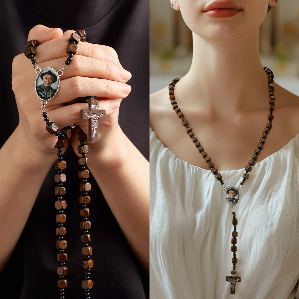 Custom Rosary Beads Cross Necklace Personalized Square Wooden Beads Necklace with Photo