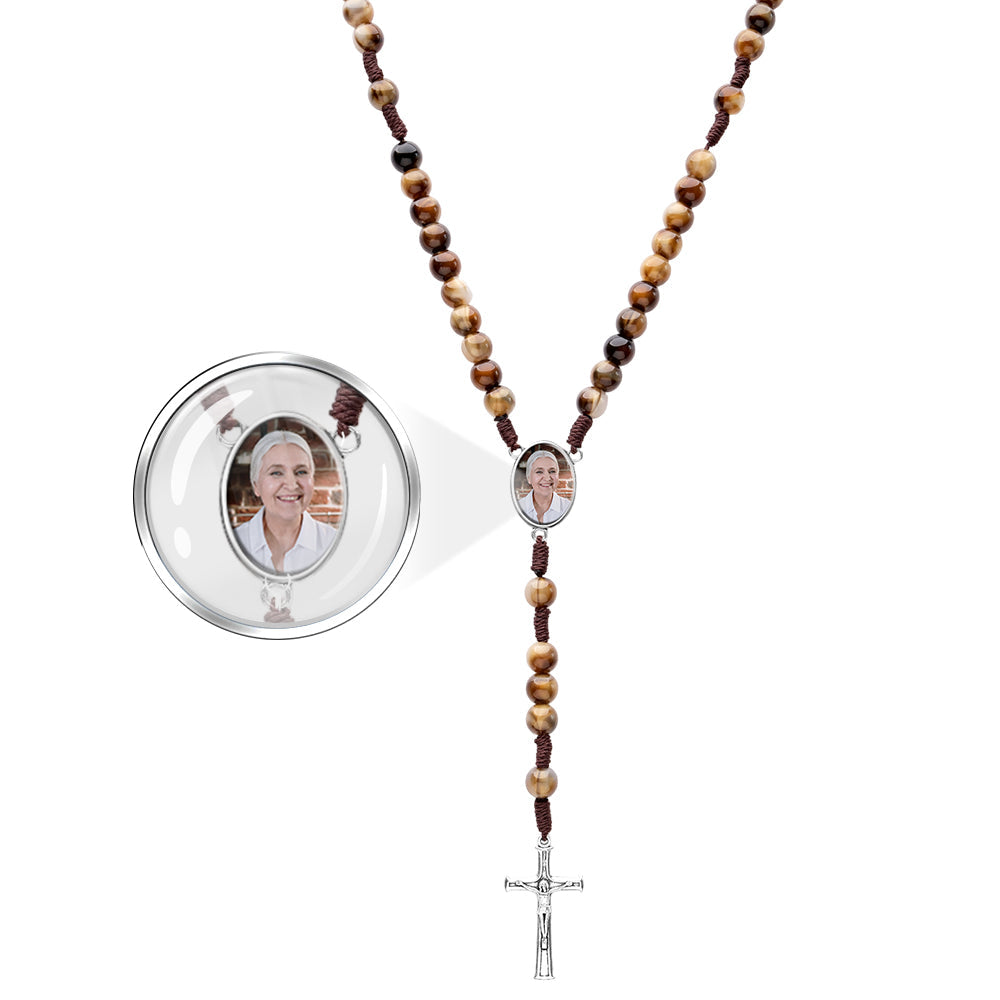 Custom Rosary Beads Cross Necklace Personalized Imitation Agate Beads Hand Woven Necklace with Photo