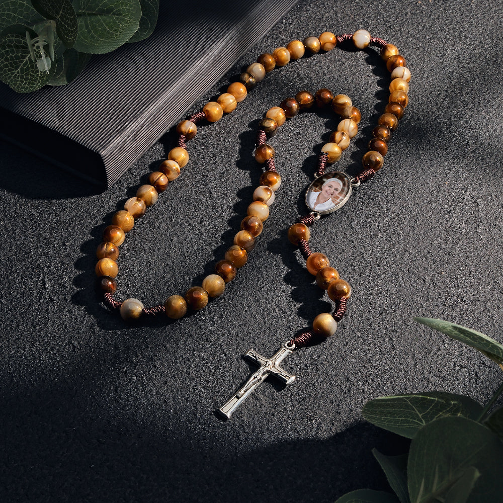 Custom Rosary Beads Cross Necklace Personalized Imitation Agate Beads Hand Woven Necklace with Photo