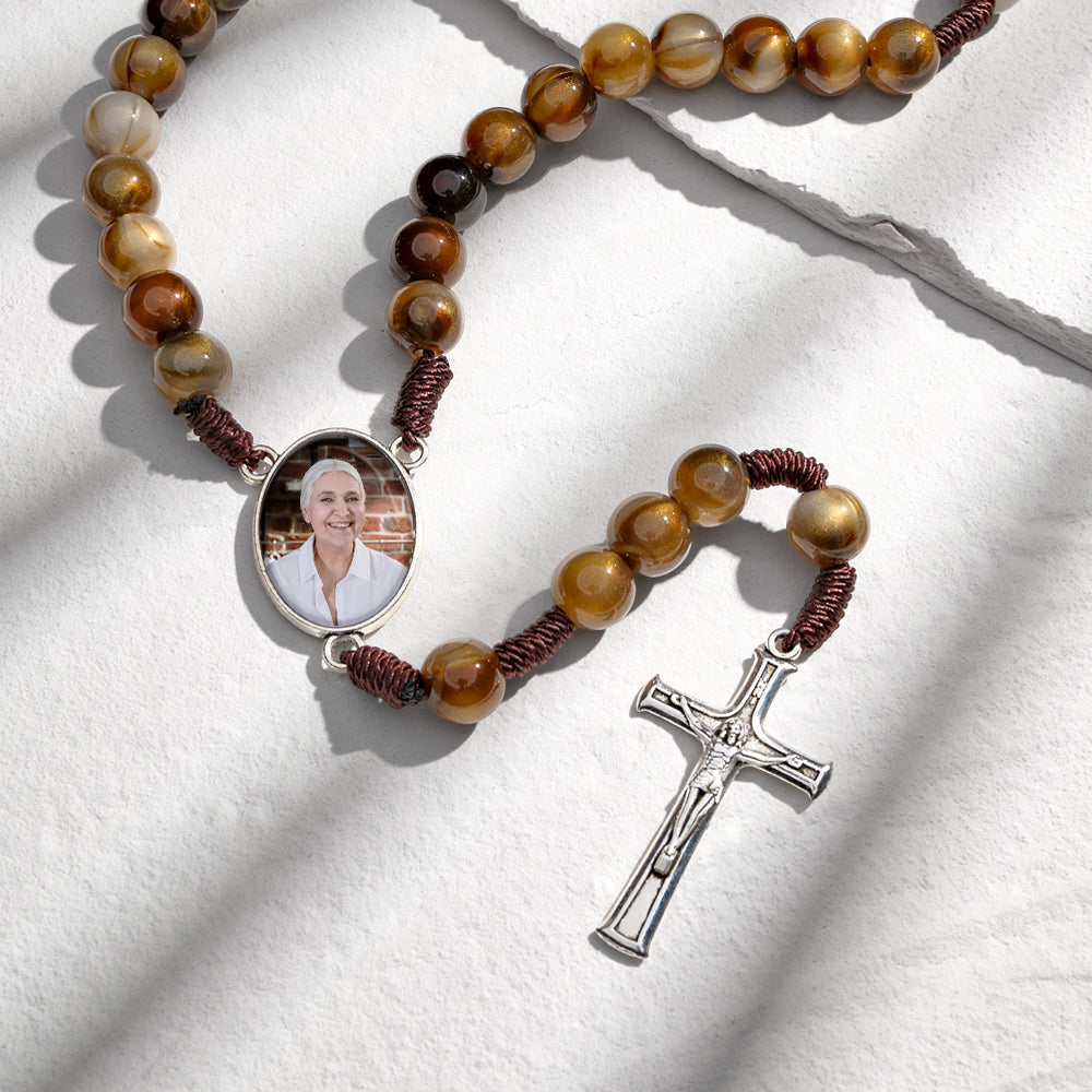 Custom Rosary Beads Cross Necklace Personalized Imitation Agate Beads Hand Woven Necklace with Photo