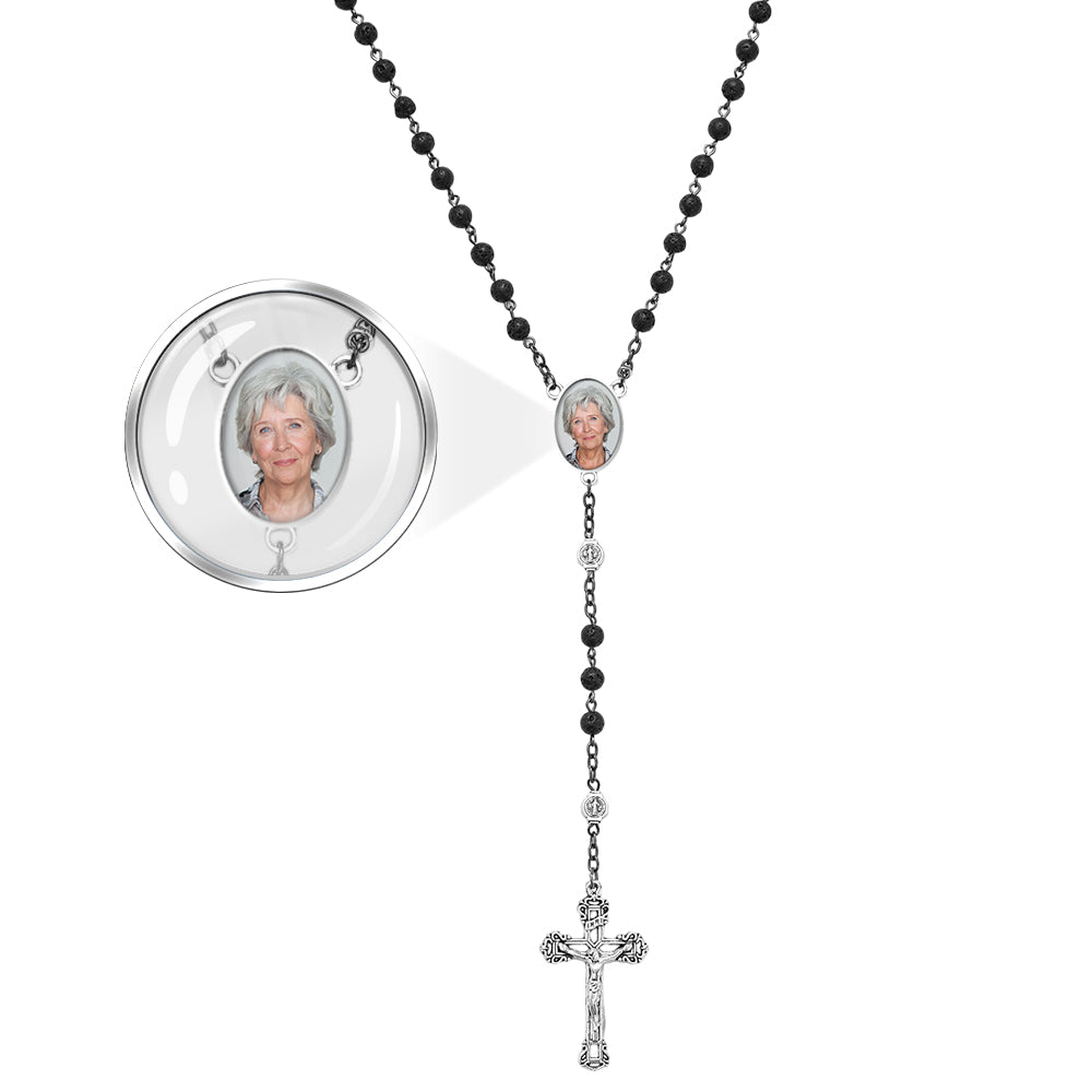 Custom Rosary Beads Cross Necklace Personalized Volcanic Stone Necklace with Photo