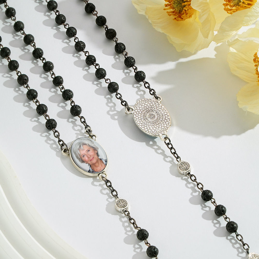 Custom Rosary Beads Cross Necklace Personalized Volcanic Stone Necklace with Photo