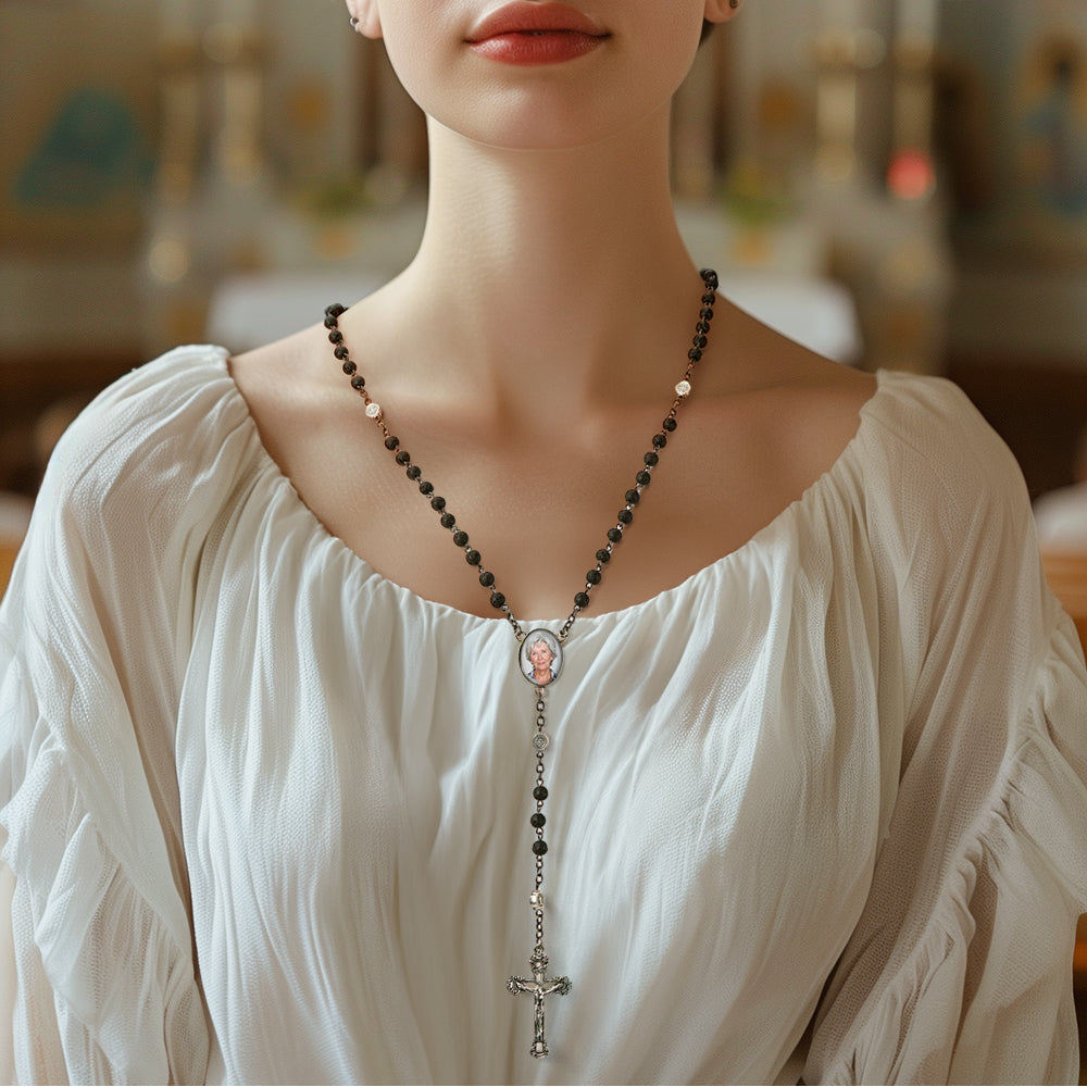 Custom Rosary Beads Cross Necklace Personalized Volcanic Stone Necklace with Photo