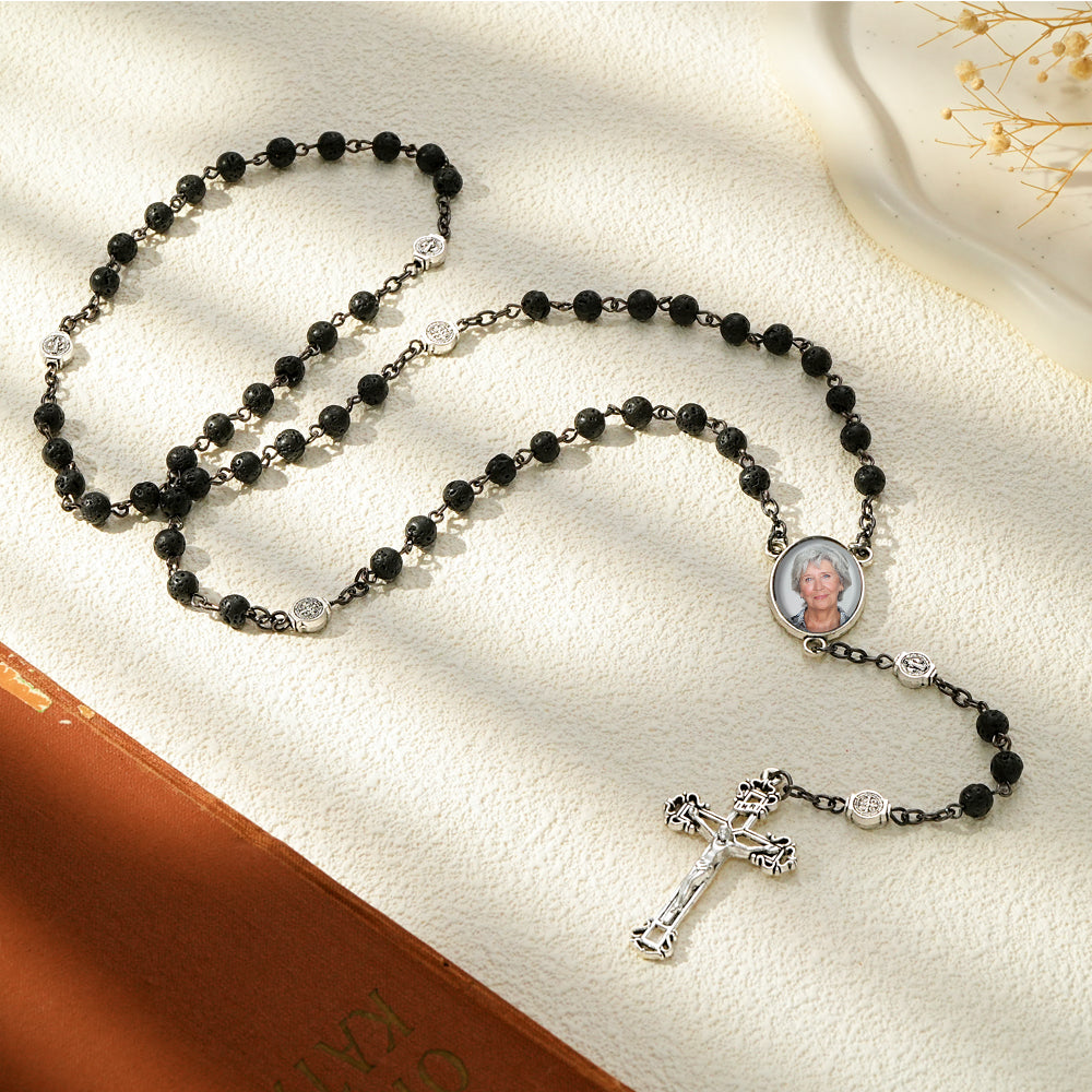 Custom Rosary Beads Cross Necklace Personalized Volcanic Stone Necklace with Photo