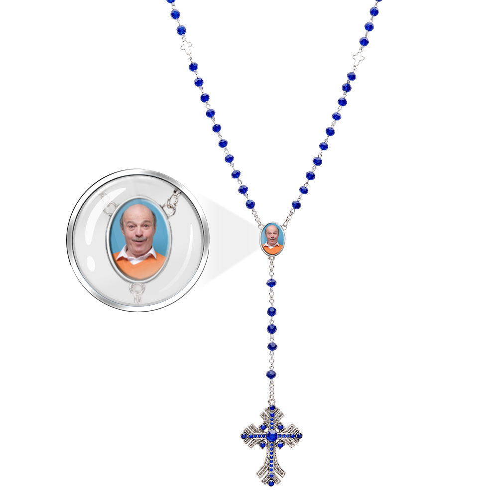 Custom Rosary Beads Cross Necklace Personalized Goth Blue Beads Necklace with Photo