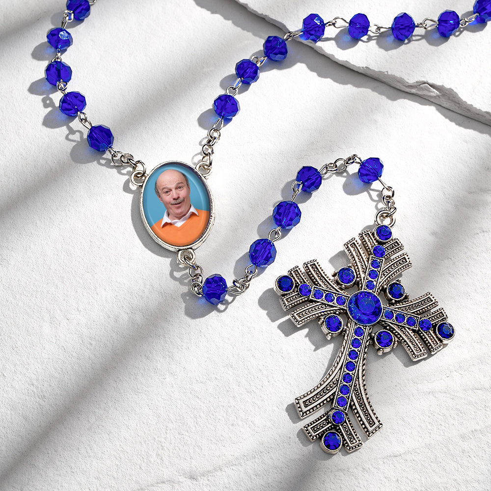 Custom Rosary Beads Cross Necklace Personalized Goth Blue Beads Necklace with Photo