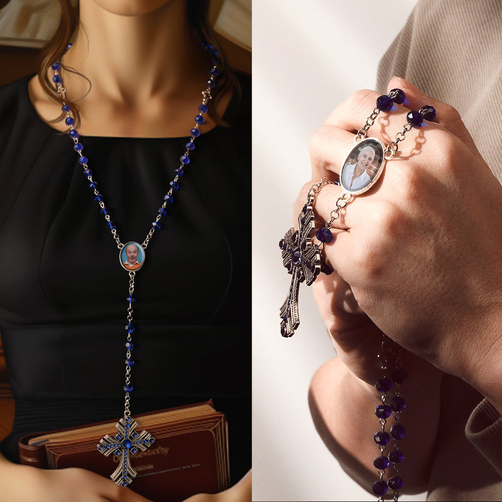 Custom Rosary Beads Cross Necklace Personalized Goth Blue Beads Necklace with Photo