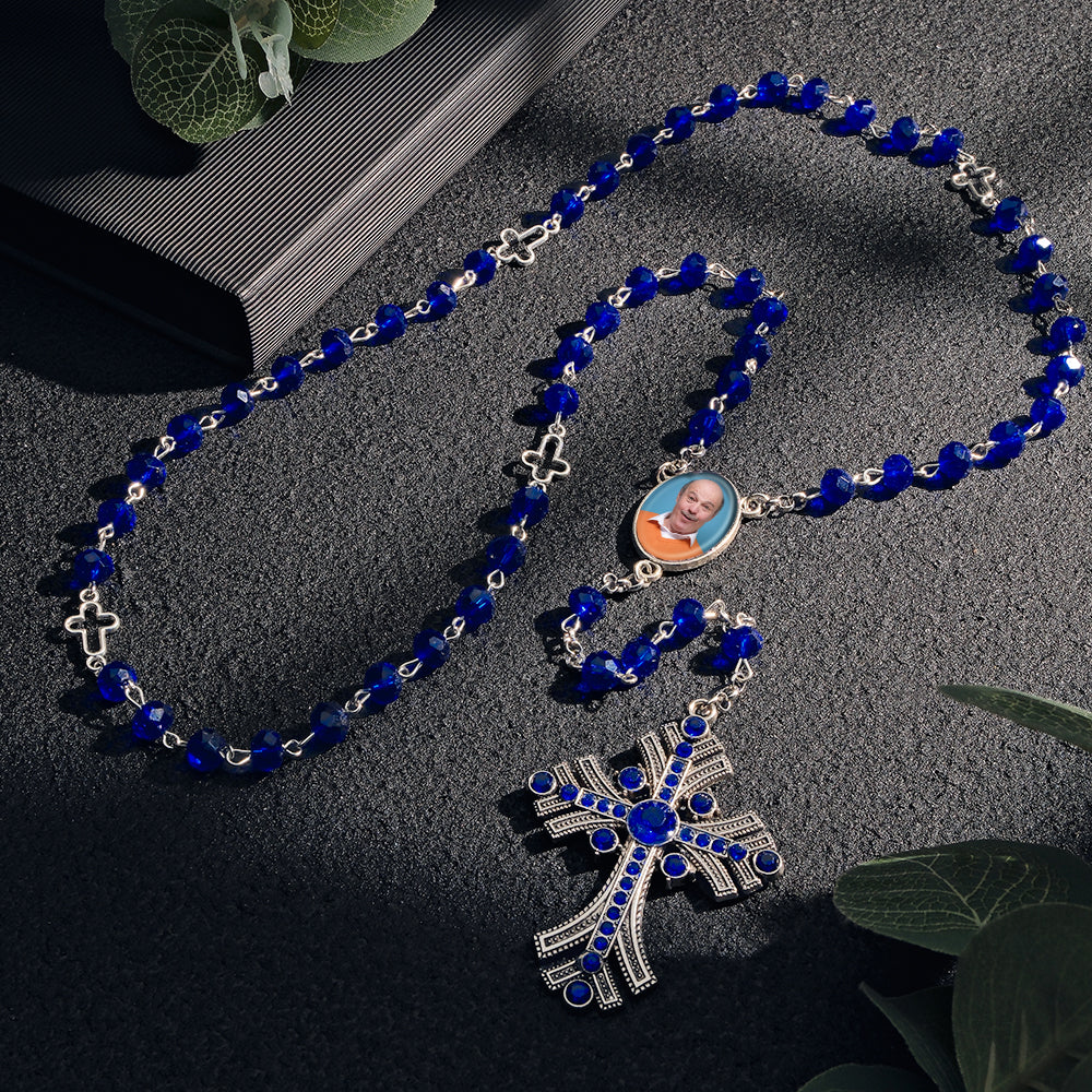Custom Rosary Beads Cross Necklace Personalized Goth Blue Beads Necklace with Photo