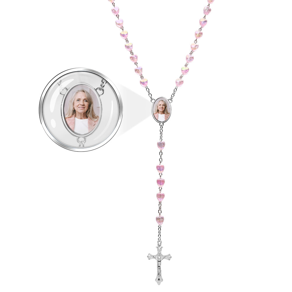 Custom Rosary Beads Cross Necklace Personalized Cross Heart Necklace with Photo