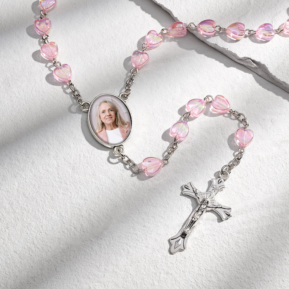 Custom Rosary Beads Cross Necklace Personalized Cross Heart Necklace with Photo