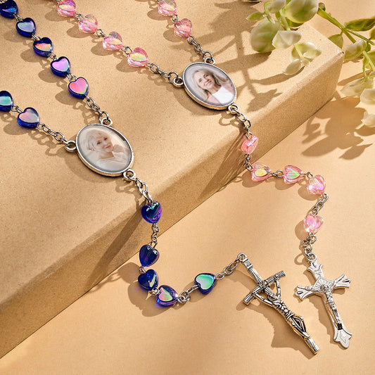 Custom Rosary Beads Cross Necklace Personalized Cross Heart Necklace with Photo
