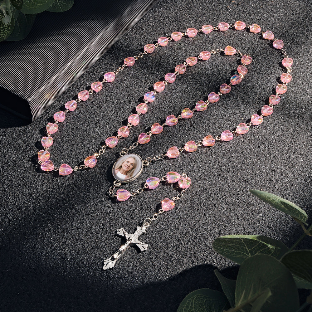 Custom Rosary Beads Cross Necklace Personalized Cross Heart Necklace with Photo