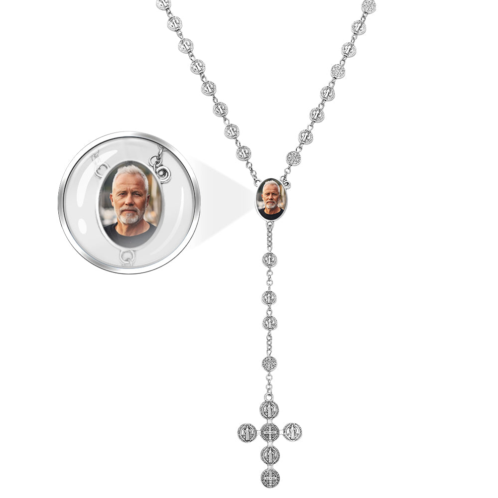 Custom Rosary Beads Cross Necklace Personalized Vintage Alloy Beads Necklace with Photo