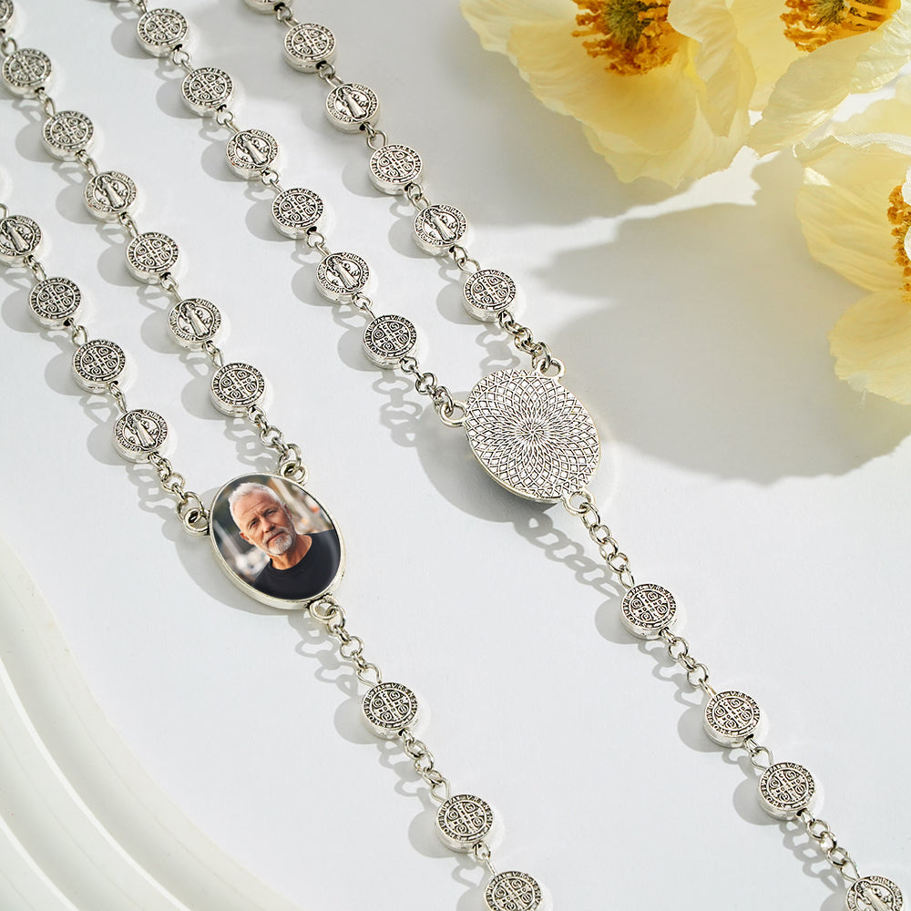 Custom Rosary Beads Cross Necklace Personalized Vintage Alloy Beads Necklace with Photo