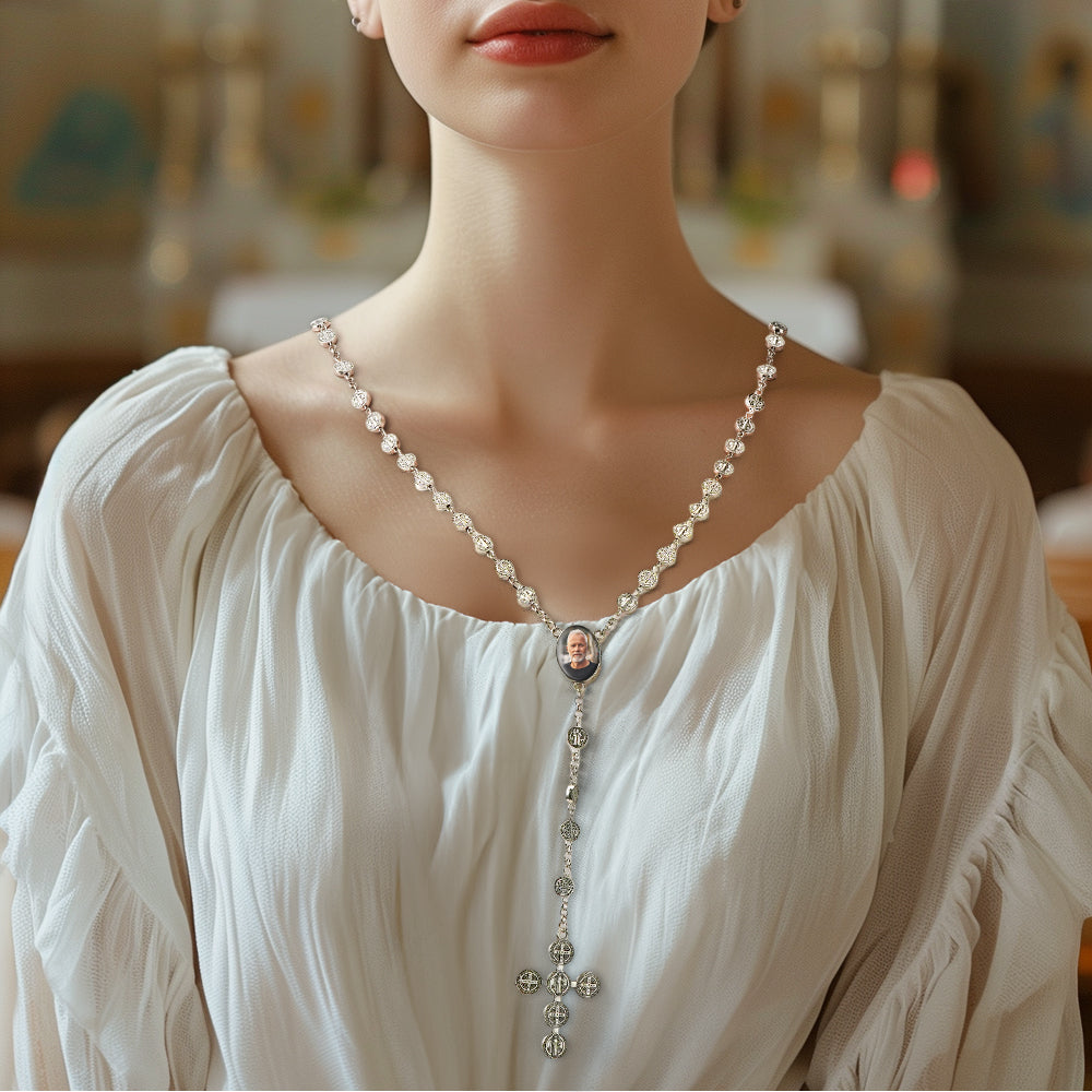 Custom Rosary Beads Cross Necklace Personalized Vintage Alloy Beads Necklace with Photo