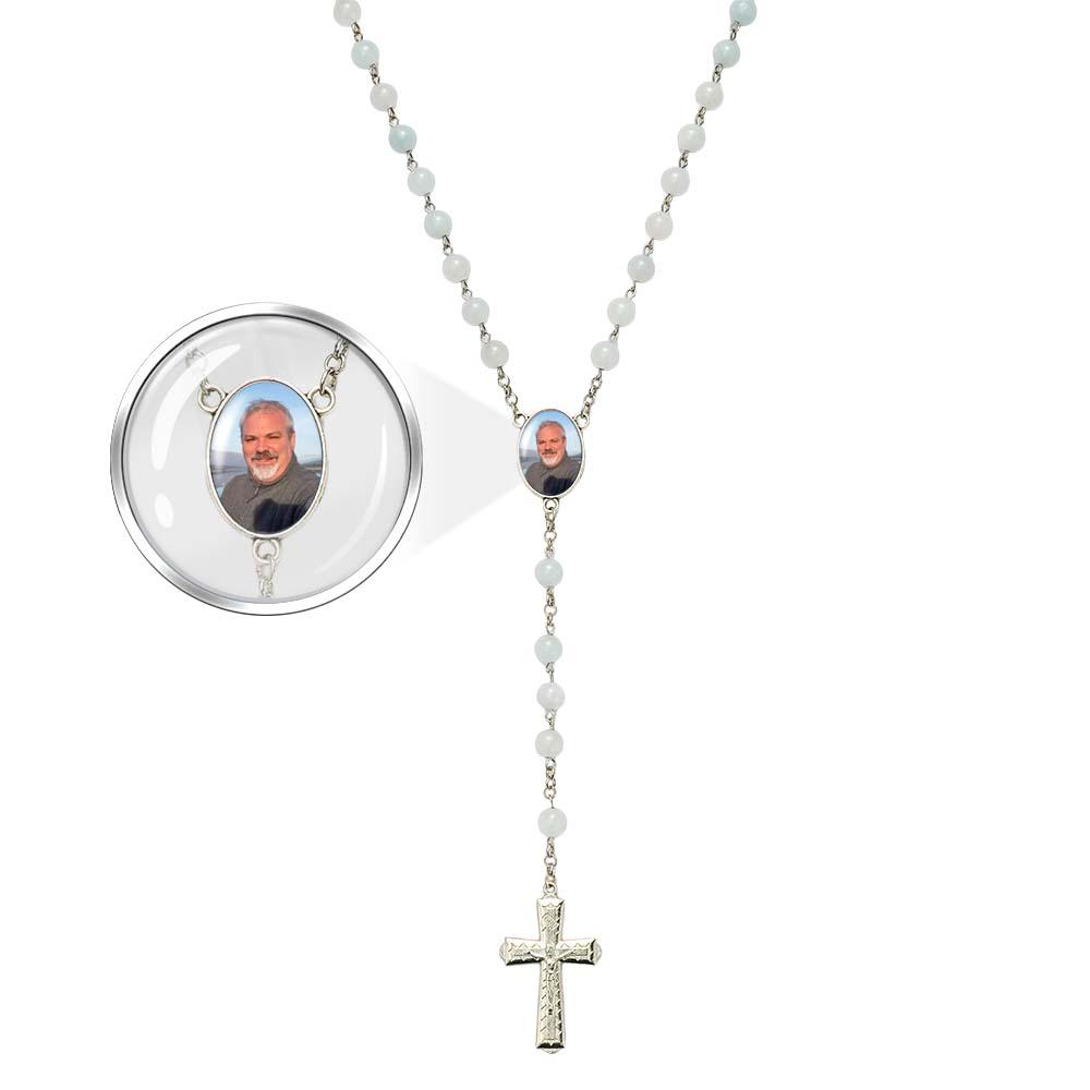 Custom Rosary Beads Cross Necklace Personalized White Acrylic Luminous Beads Necklace with Photo