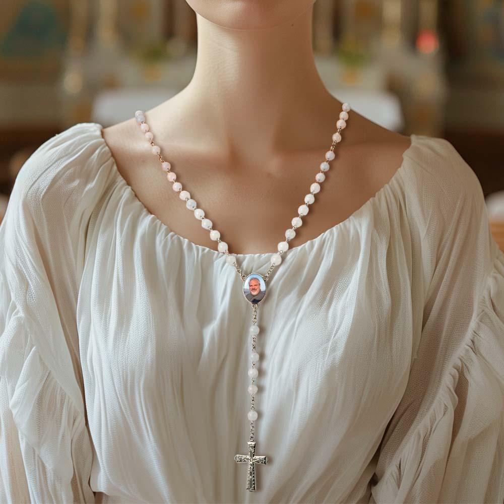 Custom Rosary Beads Cross Necklace Personalized White Acrylic Luminous Beads Necklace with Photo