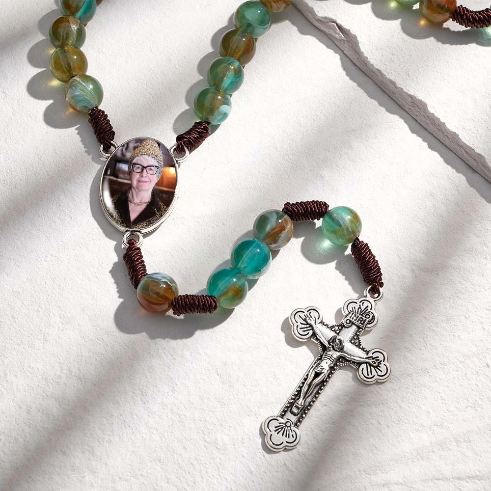 Custom Rosary Beads Cross Necklace Personalized Imitation Agate Round Beads Necklace with Photo