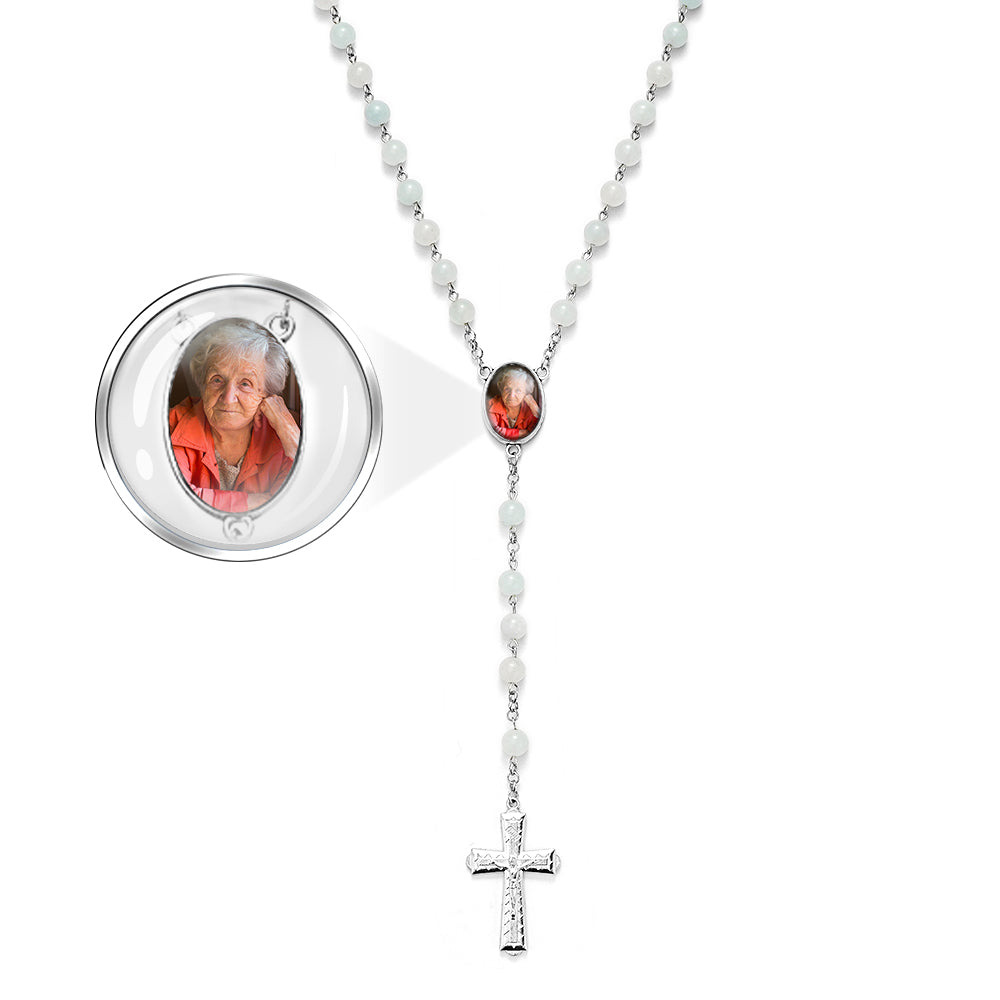 Custom Rosary Beads Cross Necklace Personalized Aquamarine Chalcedony Beads Necklace with Photo