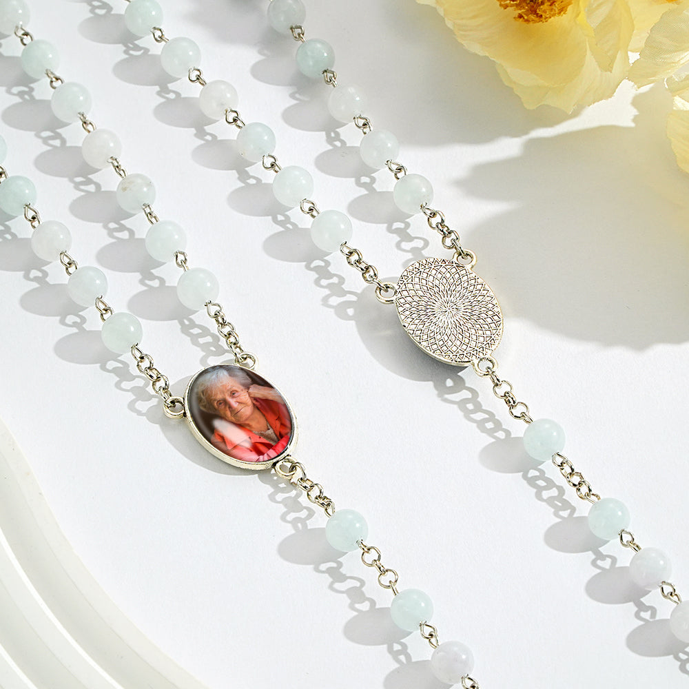 Custom Rosary Beads Cross Necklace Personalized Aquamarine Chalcedony Beads Necklace with Photo