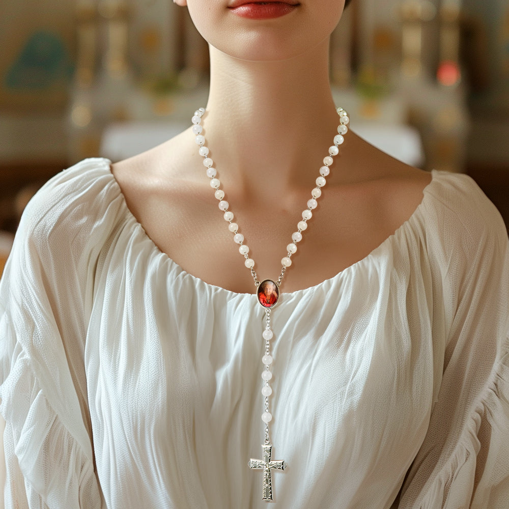 Custom Rosary Beads Cross Necklace Personalized Aquamarine Chalcedony Beads Necklace with Photo