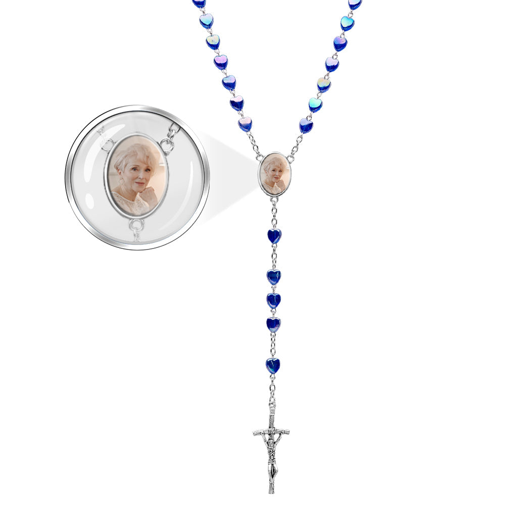 Custom Rosary Beads Cross Necklace Personalized Cross Heart Necklace with Photo