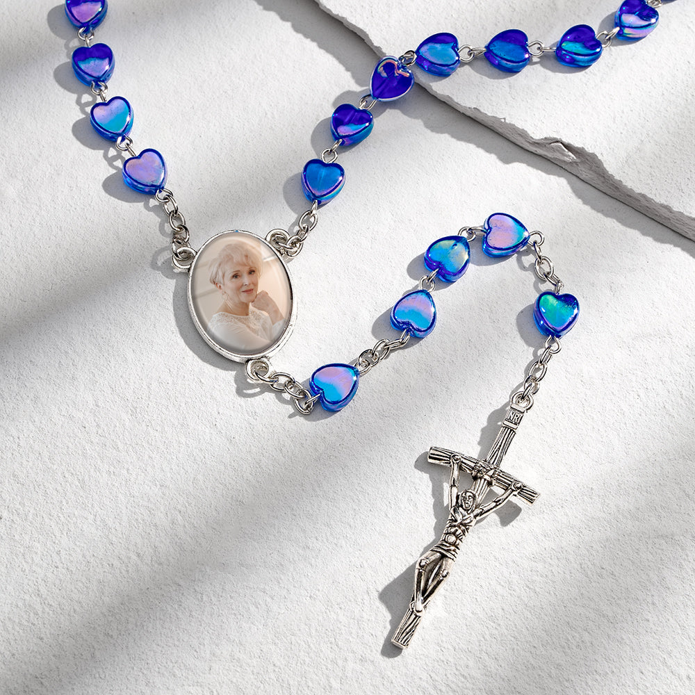Custom Rosary Beads Cross Necklace Personalized Cross Heart Necklace with Photo