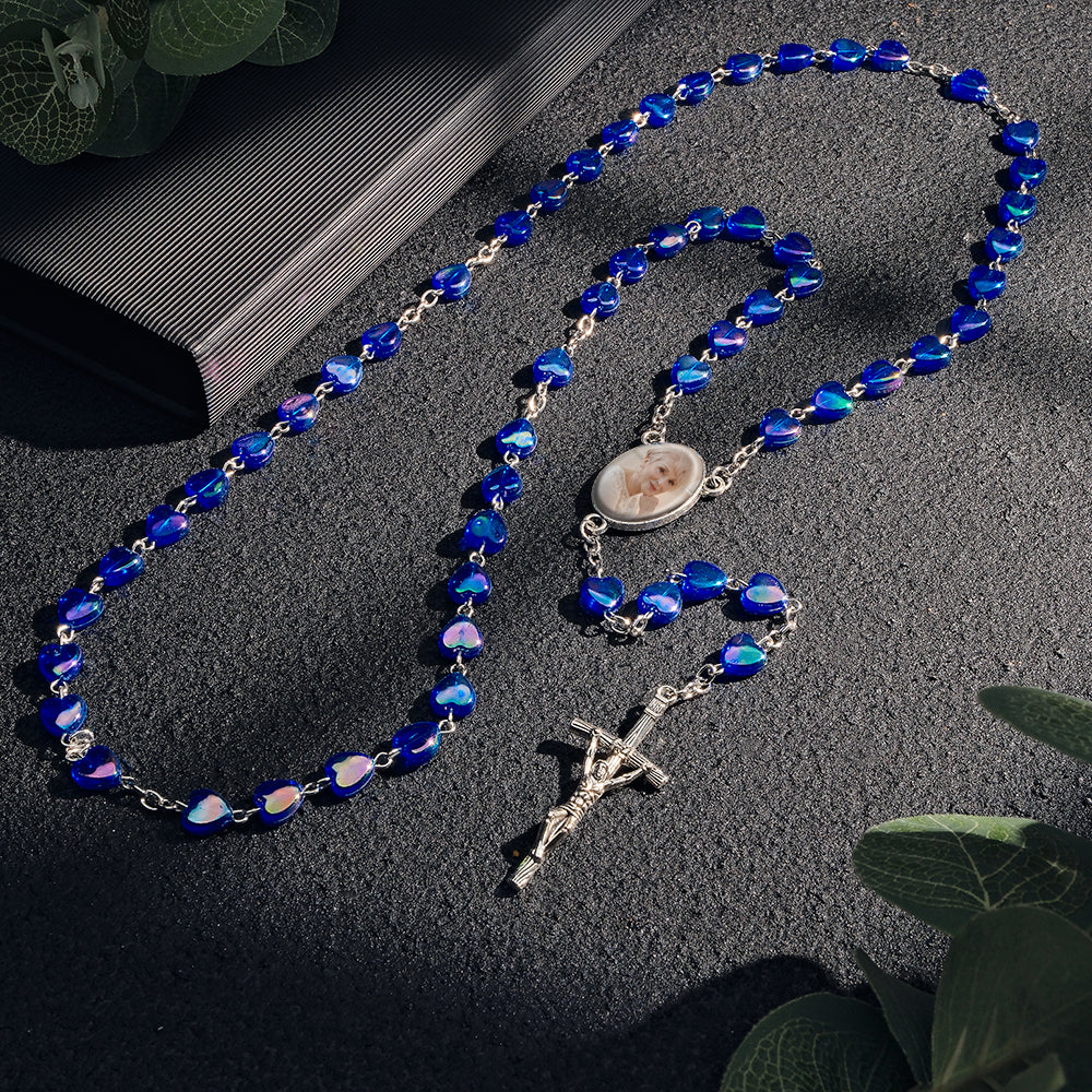 Custom Rosary Beads Cross Necklace Personalized Cross Heart Necklace with Photo