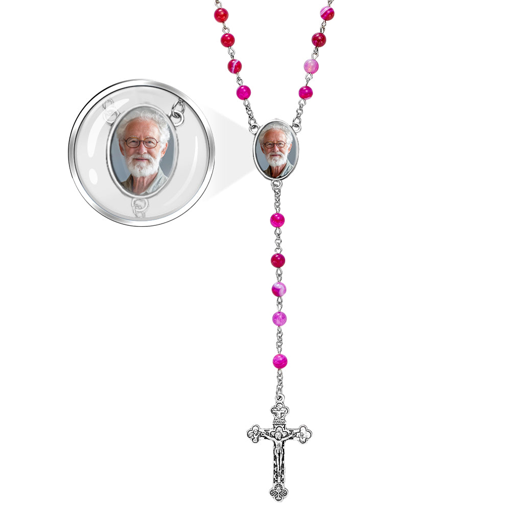 Custom Rosary Beads Cross Necklace Personalized Purple Agate Beads Necklace with Photo