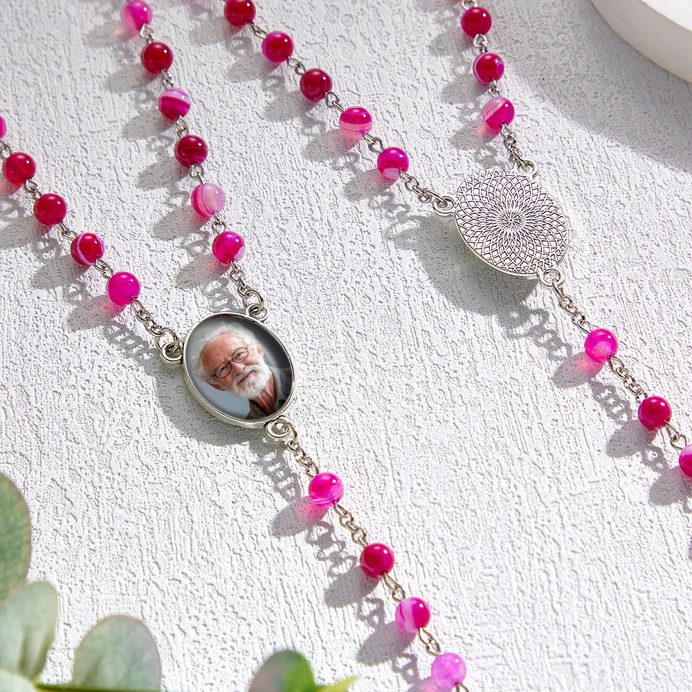 Custom Rosary Beads Cross Necklace Personalized Purple Agate Beads Necklace with Photo