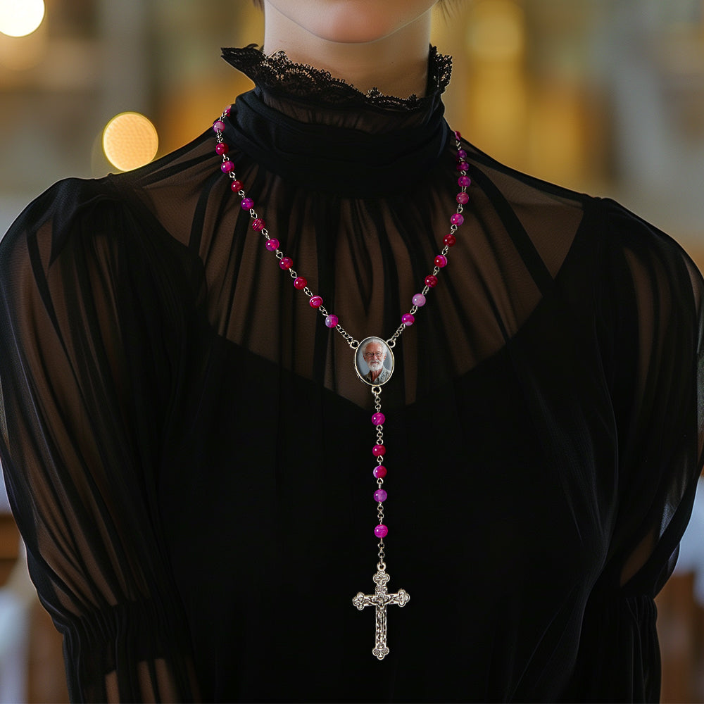 Custom Rosary Beads Cross Necklace Personalized Purple Agate Beads Necklace with Photo