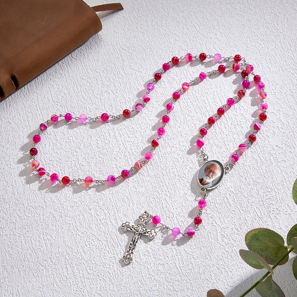 Custom Rosary Beads Cross Necklace Personalized Purple Agate Beads Necklace with Photo