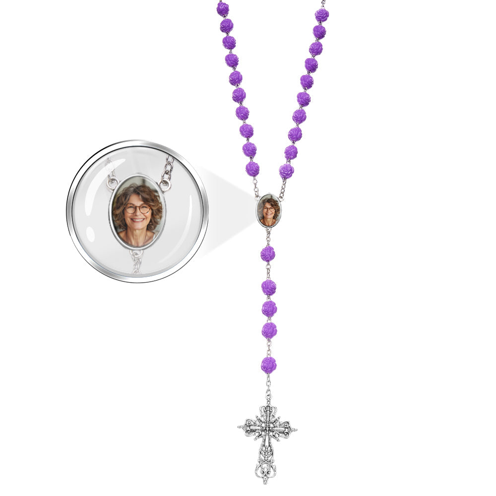 Custom Rosary Beads Cross Necklace Personalized Purple Double Sided Rose Necklace with Photo