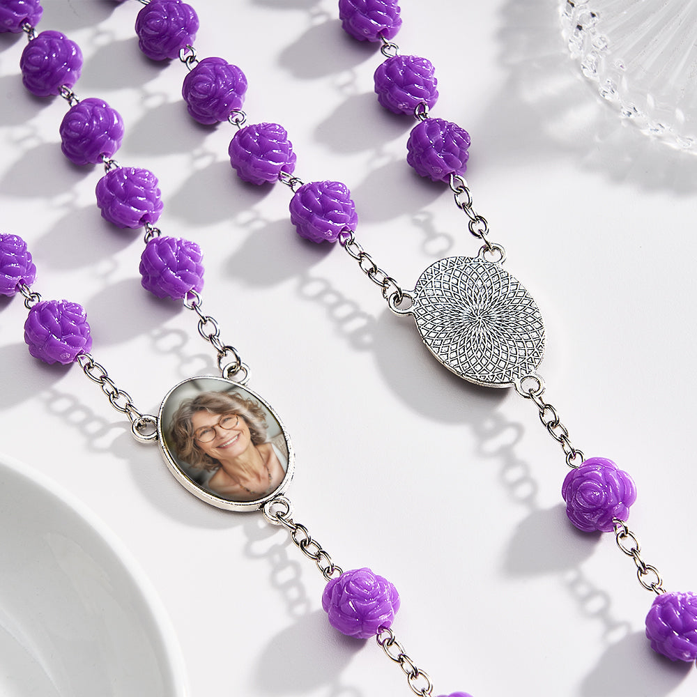 Custom Rosary Beads Cross Necklace Personalized Purple Double Sided Rose Necklace with Photo