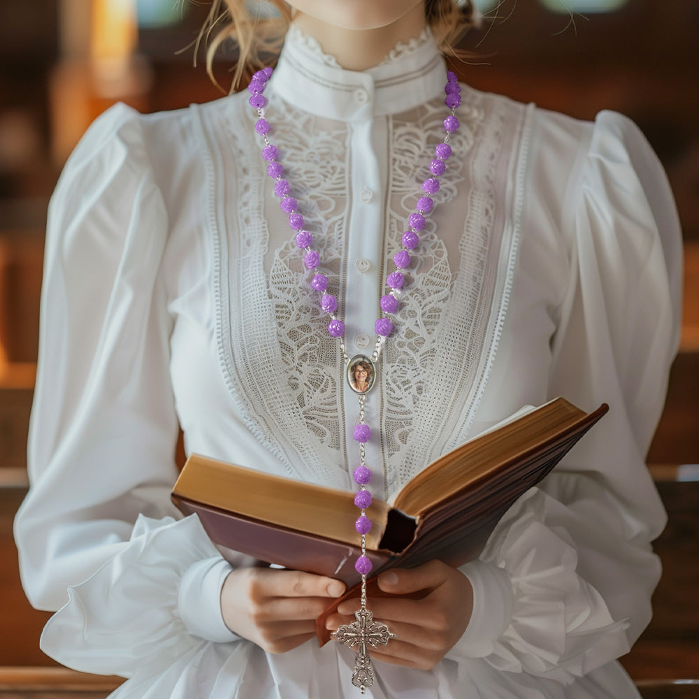 Custom Rosary Beads Cross Necklace Personalized Purple Double Sided Rose Necklace with Photo