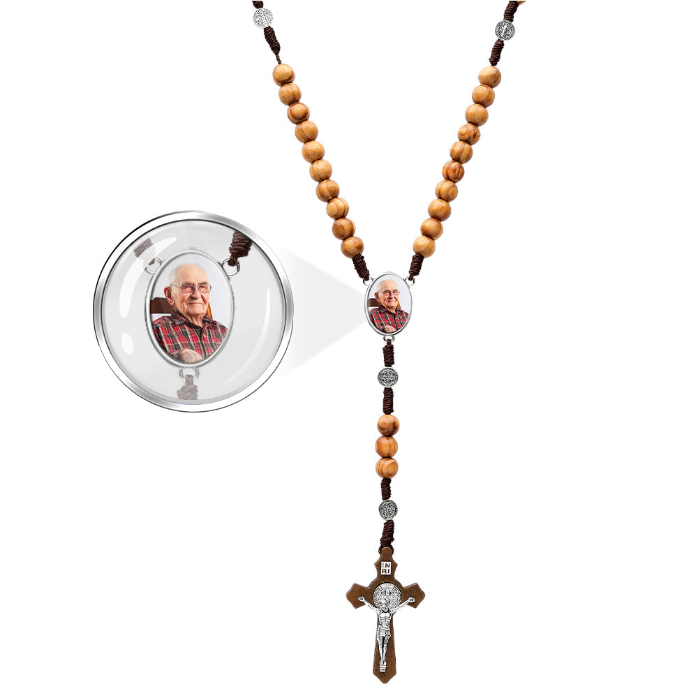 Custom Rosary Beads Cross Necklace Personalized Vintage Light Wood Beads Handwoven Necklace with Photo